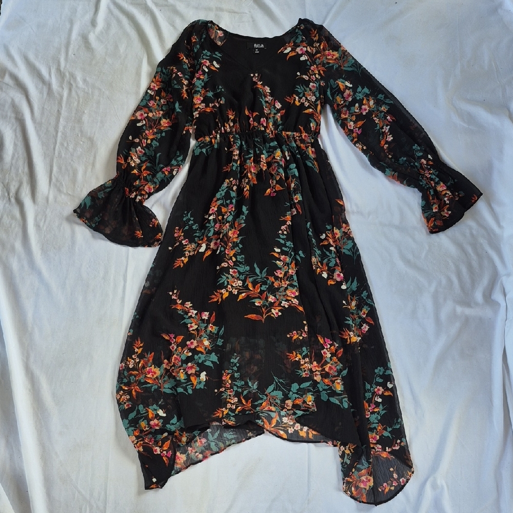 a.n.a Black and Orange Ruffled Wrap Dress